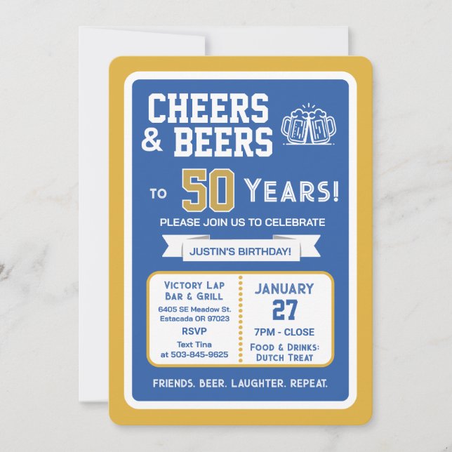 Sports Bar Birthday Cheers and Beers to 50 Years  Invitation (Front)