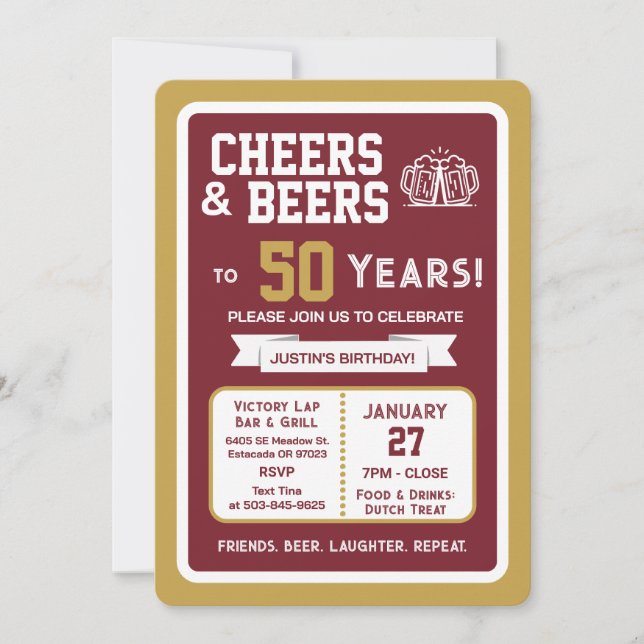 Sports Bar Birthday Cheers and Beers to 50 Years  Invitation (Front)