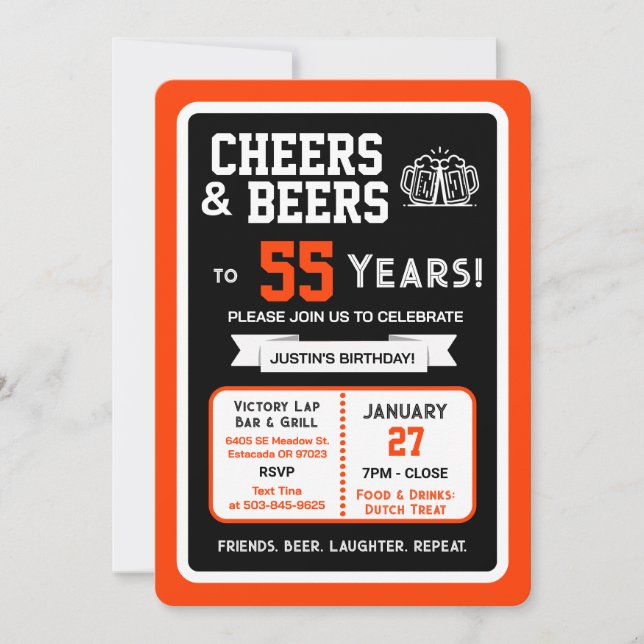 Sports Bar Birthday Cheers and Beers to 55 Years  Invitation (Front)