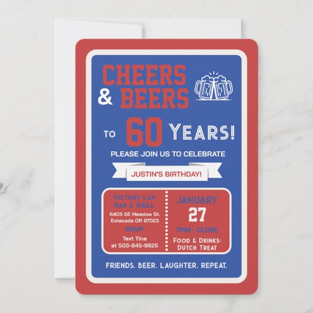 Sports Bar Birthday Cheers and Beers to 60 Years  Invitation (Front)