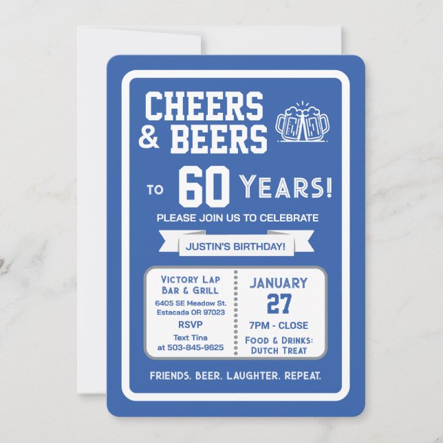 Sports Bar Birthday Cheers and Beers to 60 Years  Invitation (Front)