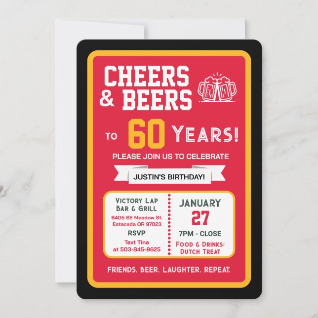 Sports Bar Birthday Cheers and Beers to 60 Years Invitation (Front)