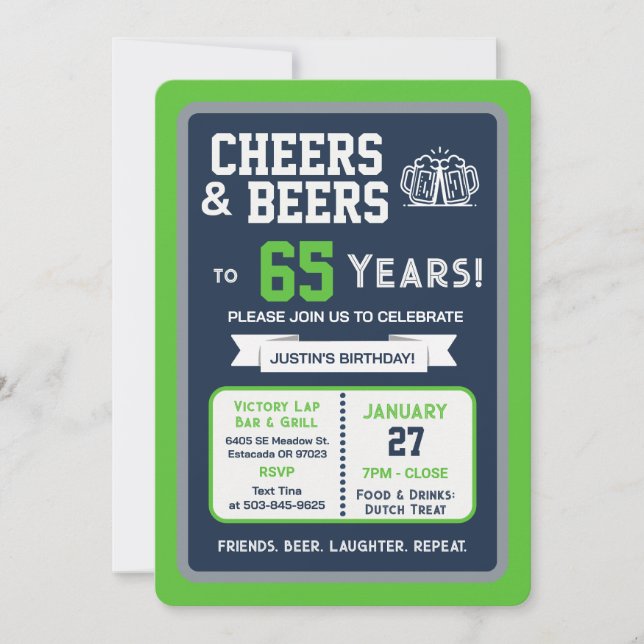 Sports Bar Birthday Cheers and Beers to 65 Years Invitation (Front)