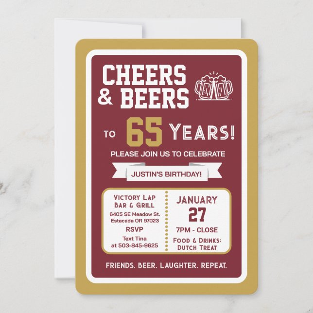 Sports Bar Birthday Cheers and Beers to 65 Years  Invitation (Front)