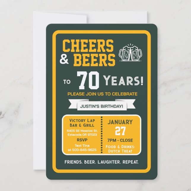 Sports Bar Birthday Cheers and Beers to 70 Years Invitation (Front)