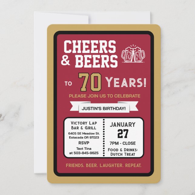 Sports Bar Birthday Cheers and Beers to 70 Years  Invitation (Front)