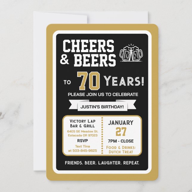Sports Bar Birthday Cheers and Beers to 70 Years  Invitation (Front)