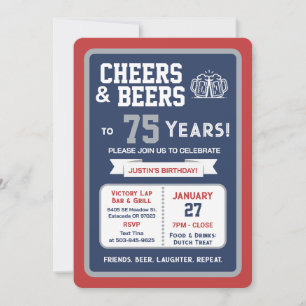 Sports Bar Birthday Cheers and Beers to 75 Years Invitation
