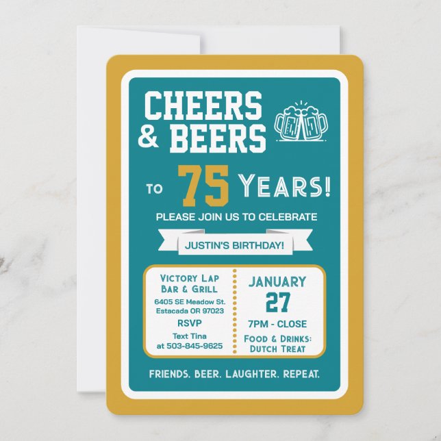 Sports Bar Birthday Cheers and Beers to 75 Years  Invitation (Front)