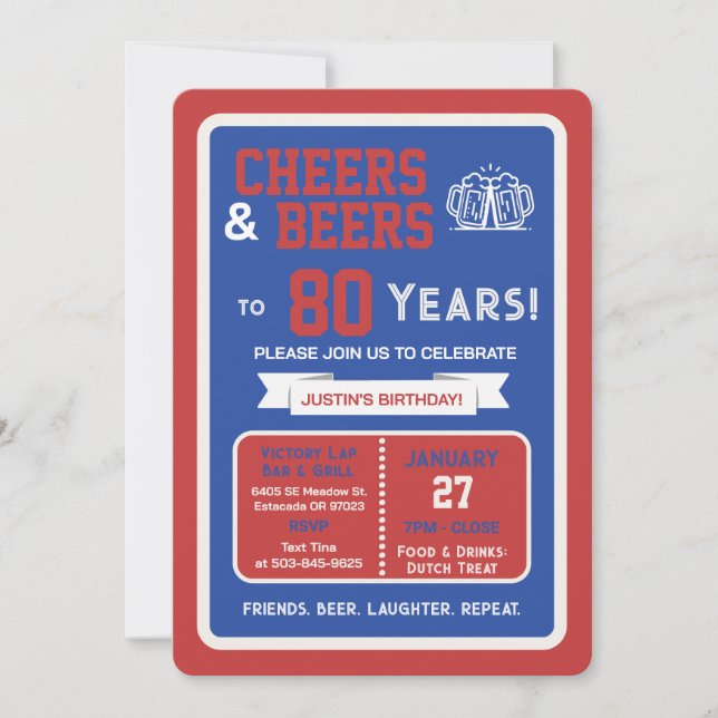 Sports Bar Birthday Cheers and Beers to 80 Years  Invitation (Front)