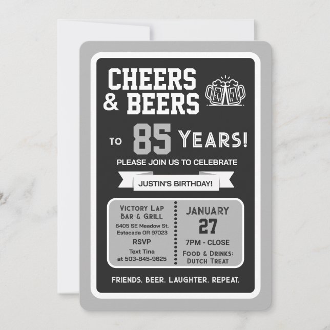 Sports Bar Birthday Cheers and Beers to 85 Years Invitation (Front)