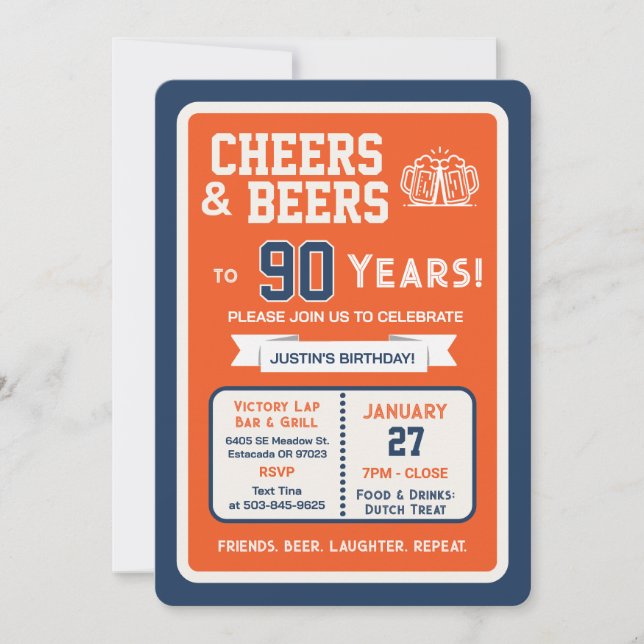 Sports Bar Birthday Cheers and Beers to 90 Years Invitation (Front)