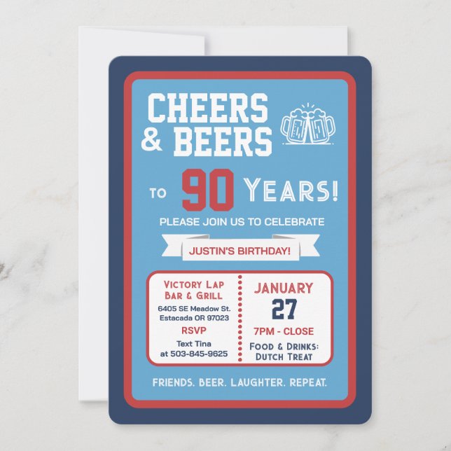 Sports Bar Birthday Cheers and Beers to 90 Years  Invitation (Front)