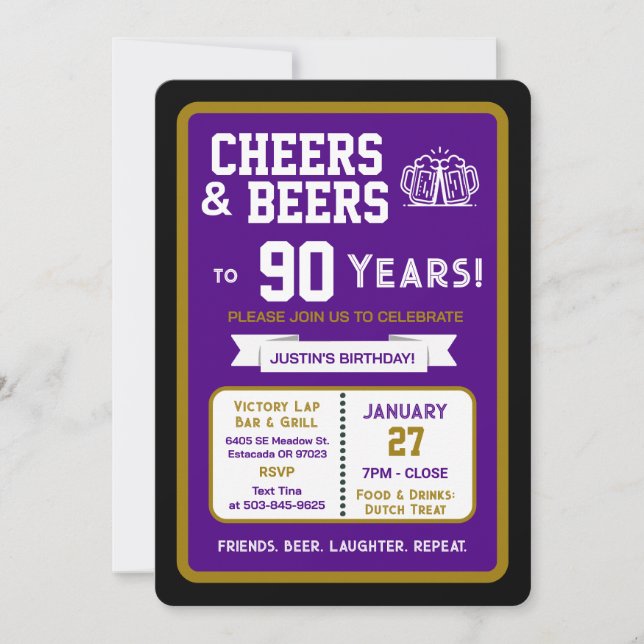 Sports Bar Birthday Cheers and Beers to 90 Years Invitation (Front)