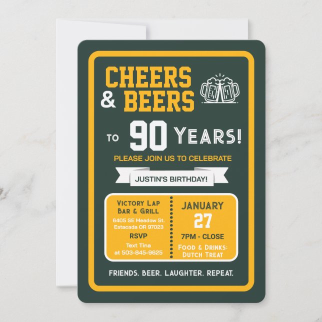 Sports Bar Birthday Cheers and Beers to 90 Years Invitation (Front)