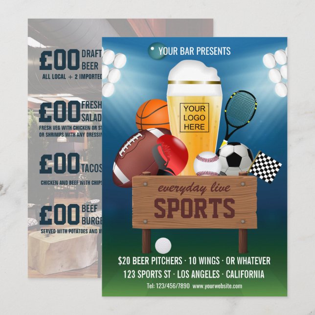 Sports Bar Event Promo Menu add photo and logo Invitation (Front/Back)