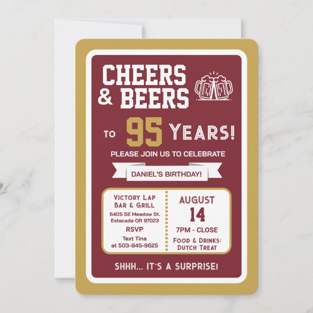 Sports Bar Surprise Party Cheers to 95 Years Invitation (Front)