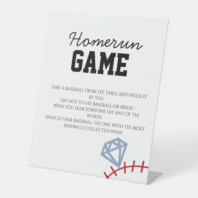 Sports Baseball Homerun Glitter Bridal Shower Game Pedestal Sign (Front)
