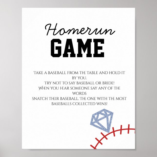 Sports Baseball Homerun Glitter Bridal Shower Game Poster (Front)