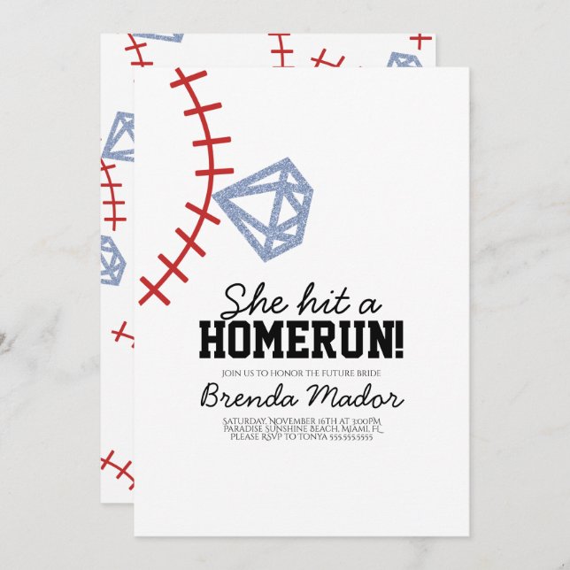 Sports Baseball Homerun Glitter Bridal Shower  Invitation (Front/Back)