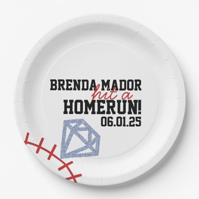 Sports Baseball Homerun Glitter Bridal Shower  Paper Plate (Front)