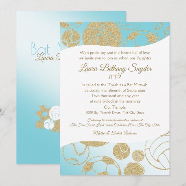 Sports Bat Mitzvah Blue and Gold Invitation (Front/Back)