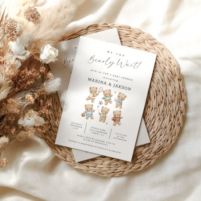 Sports Bear Baby Shower. Bearly Wait Invitation (we can bearly wait sport bear invite)
