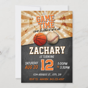 Sports birthday invitation Basketball Baseball