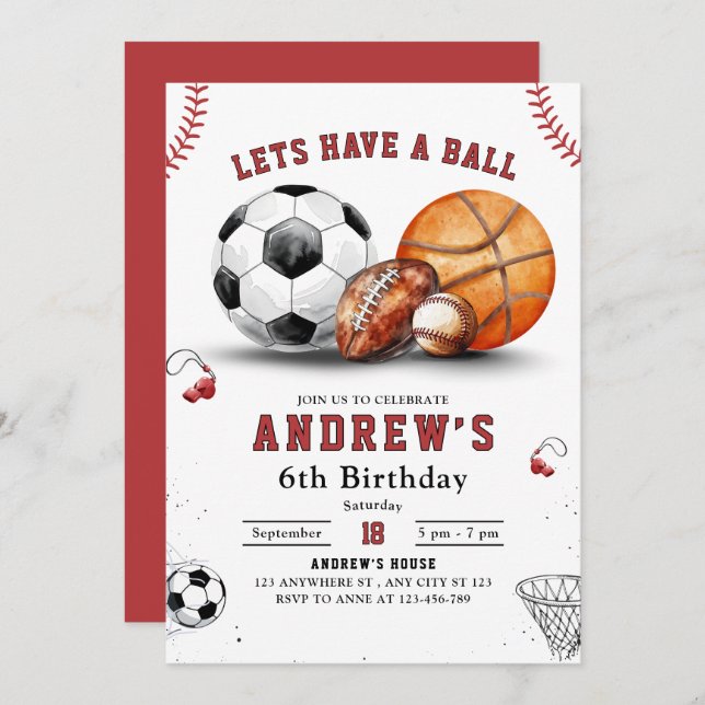 Sports Birthday Invite, Basketball Football Soccer Invitation (Front/Back)