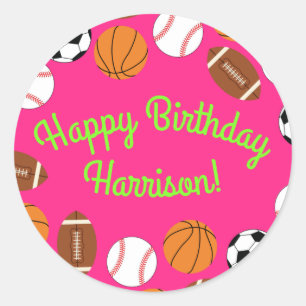 Sports Birthday Party Kids Cute Pink Girls Classic Round Sticker