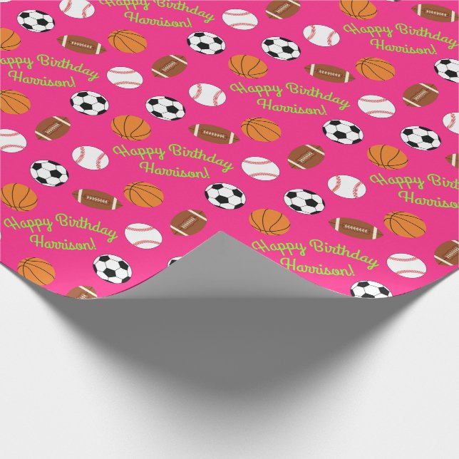 Sports Birthday Party Kids Cute Pink Girls Wrapping Paper (Corner)