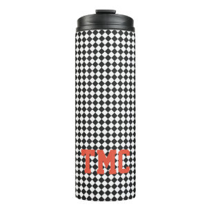 Sports Black White Check Monogram Initials School  Thermal Tumbler