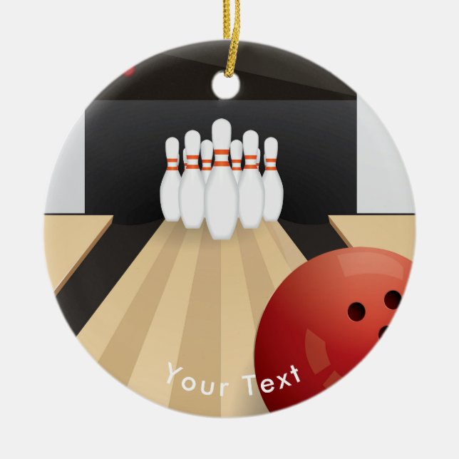 SPORTS Bowling Red Ball Down the Shiny Alley Ceramic Ornament (Front)