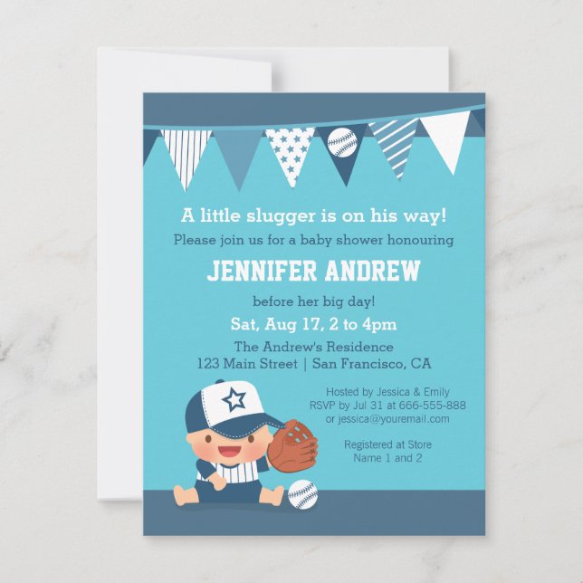 Sports Boy Blue Baseball Baby Shower Invitations (Front)