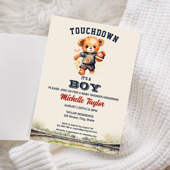 Sports Boy Football It's a Boy Baby Shower Bear Invitation (Creator Uploaded)