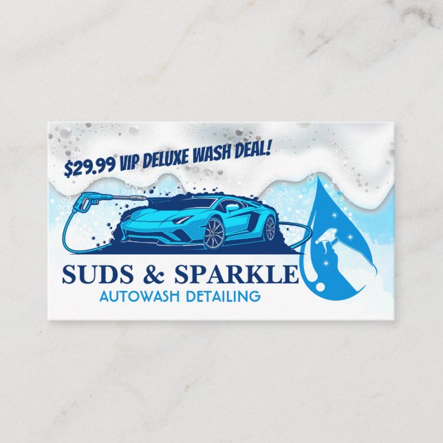 Sports Car Cleaning Logo | Bubbles and Suds Business Card (Front)