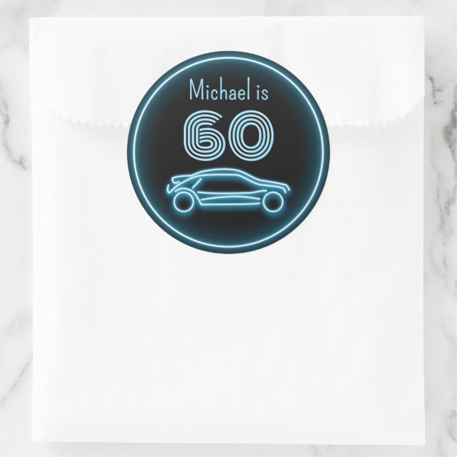 Sports Car in Neon Look Blue - Own name and age Classic Round Sticker (Bag)