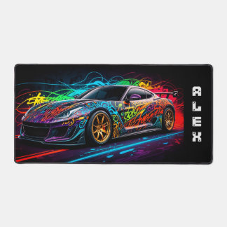 Sports car on graffiti background with first name desk mat