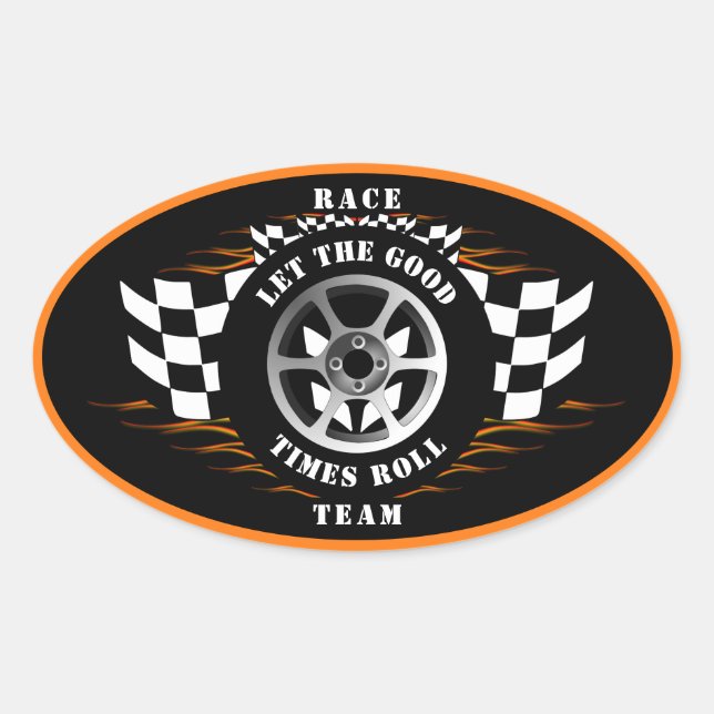 Sports Car Racing Chequered Flag Flames Helmet  Oval Sticker (Front)