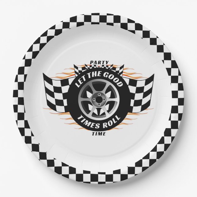 Sports Car Racing Chequered Flags Party Supplies Paper Plate (Front)