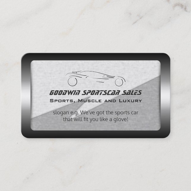 Sports Car Sales - faux metal, silver sportscar Business Card (Front)