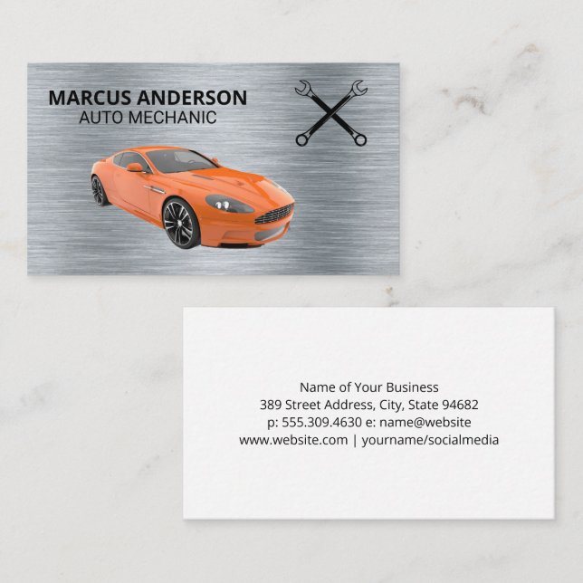 Sports Car | Wrenches | Metallic Background Business Card (Front/Back)