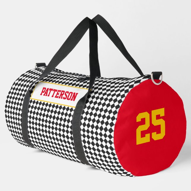 Sports Check Pattern NAME Team NUMBER Colours Fun Duffle Bag (Left Corner)