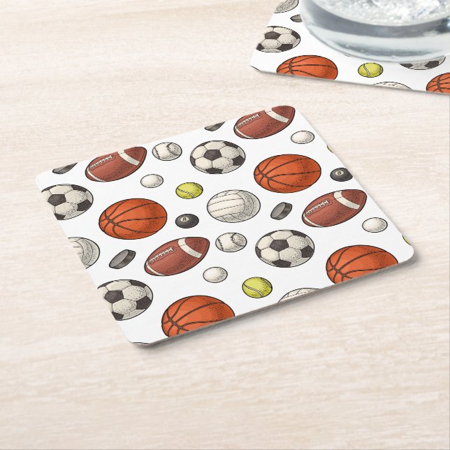 Sports Equipment Pattern Square Paper Coaster (Angled)