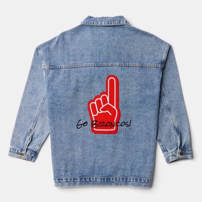 Sports Fan Finger Go Team Name! Team Spirit Fun Denim Jacket (Back)