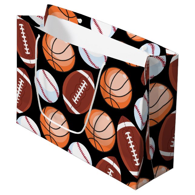 SPORTS FUN Baseball Football Basketball Pattern Large Gift Bag (Front Angled)