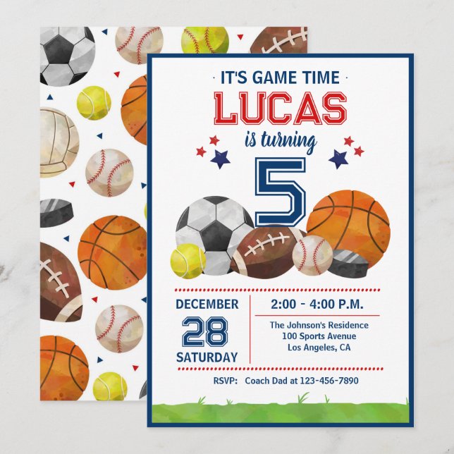 Sports Game Time All-Star Birthday Party Invitation (Front/Back)