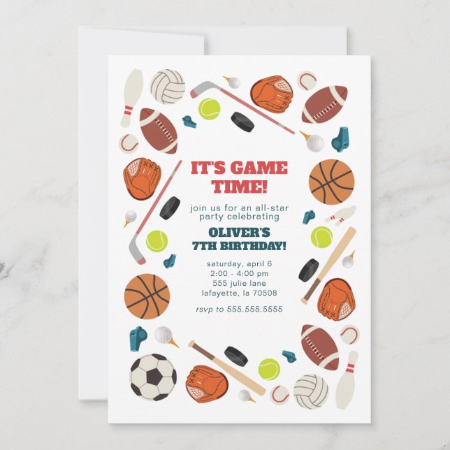 Sports Game Time All-Star Birthday Party Invitation (Front)