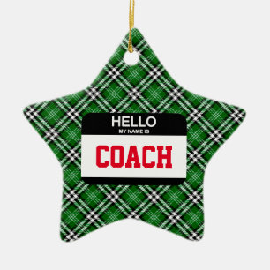 Sports Hello My Name is COACH Tag Team Holiday Ceramic Ornament