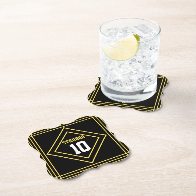 Sports Inspired Black & yellow paper coaster (Insitu)